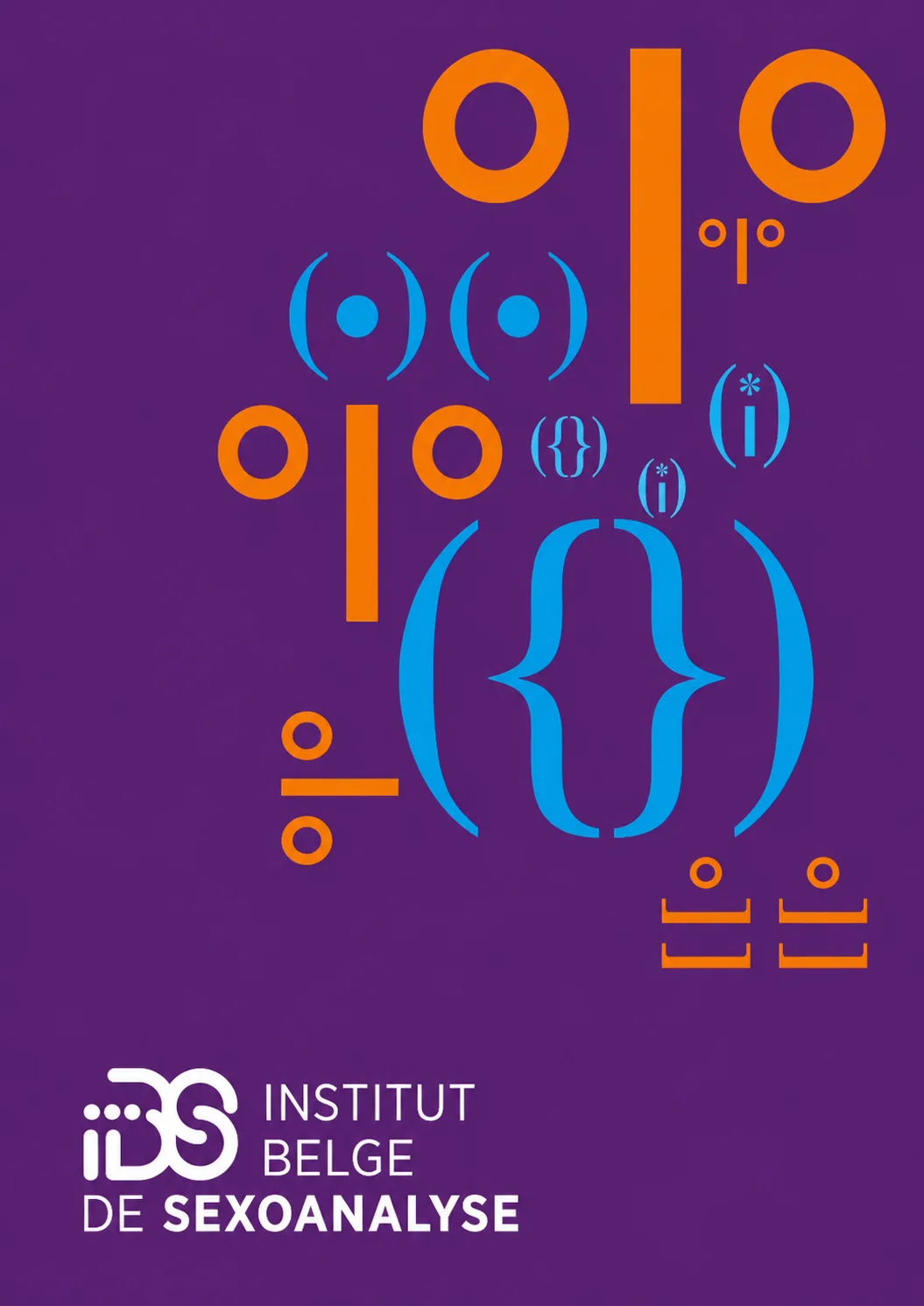 Visuel vertical de l’Institut Belge de Sexoanalyse avec fond violet, signes orange et éléments graphiques bleus.
